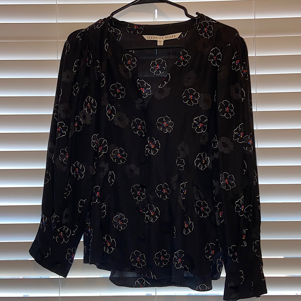 Veronica Beard Black Floral Button-Front Blouse